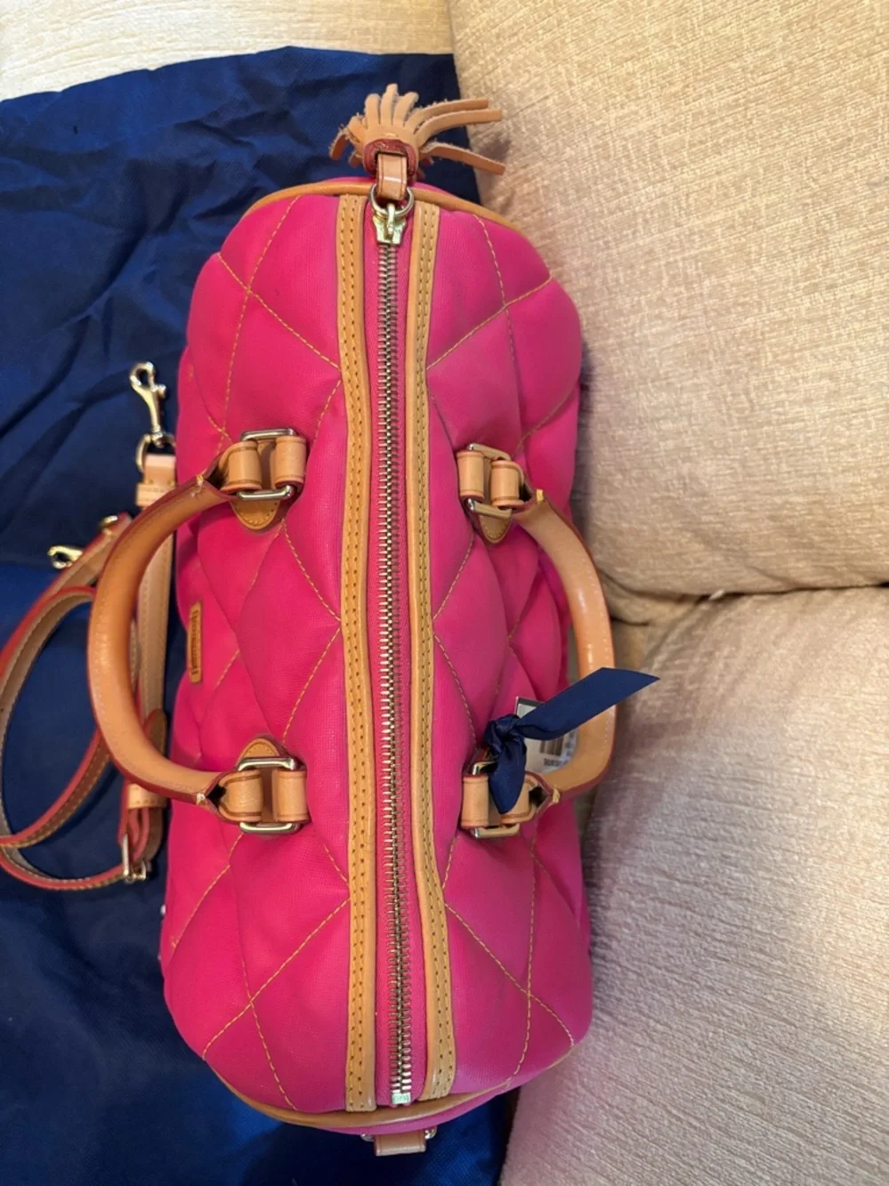 Dooney & Bourke Fuchsia Quilted Satchel with Tan Leather Trim - Picture 12 of 12